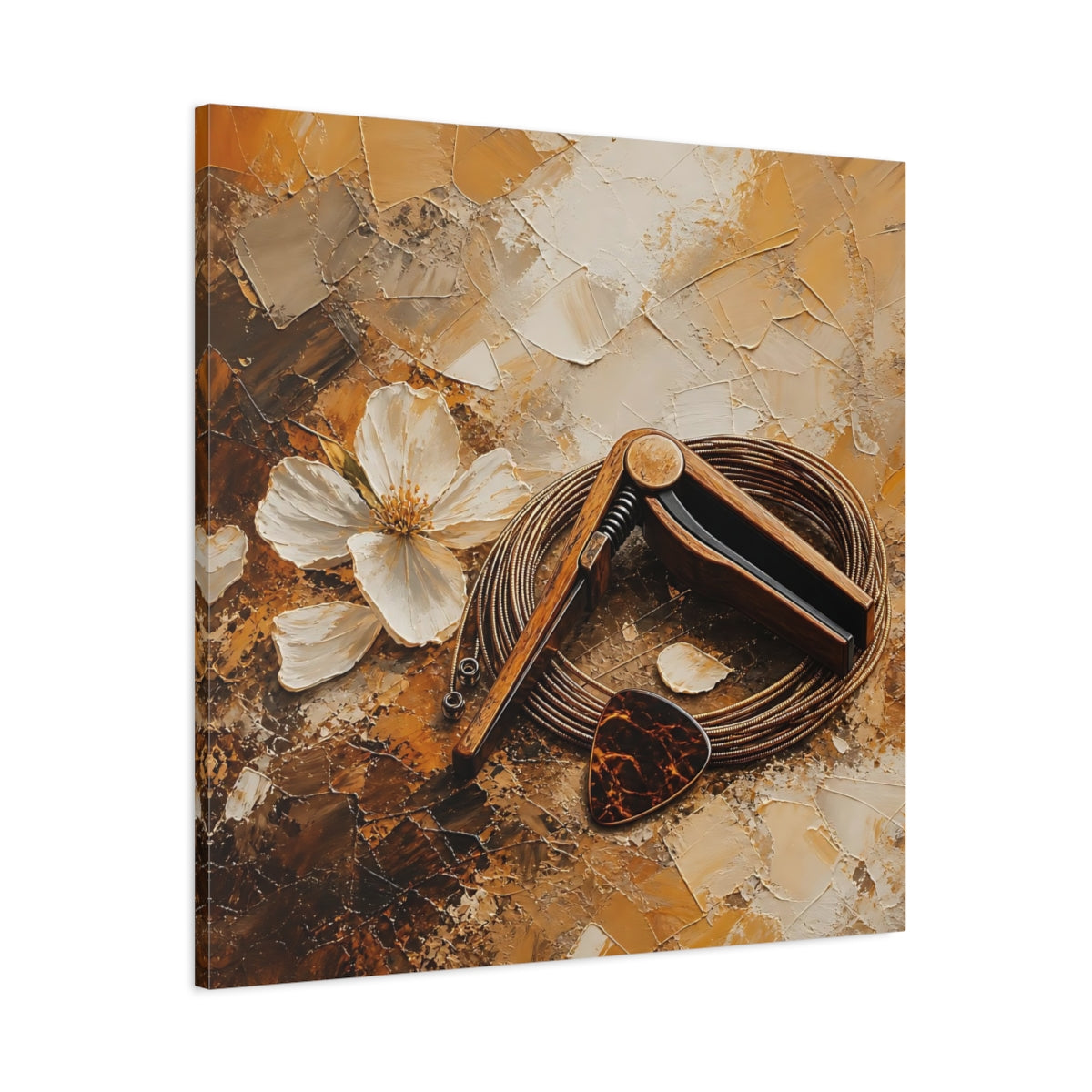 Main Mockup. Wooden Capo And Pick shown as canvas print