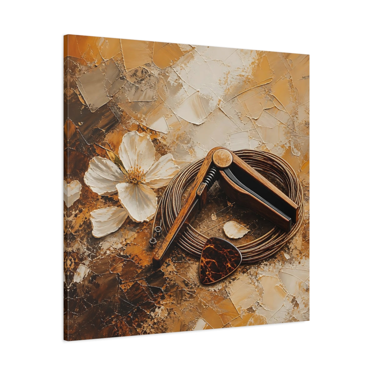 Side Mockup 1. Wooden Capo And Pick shown as canvas print
