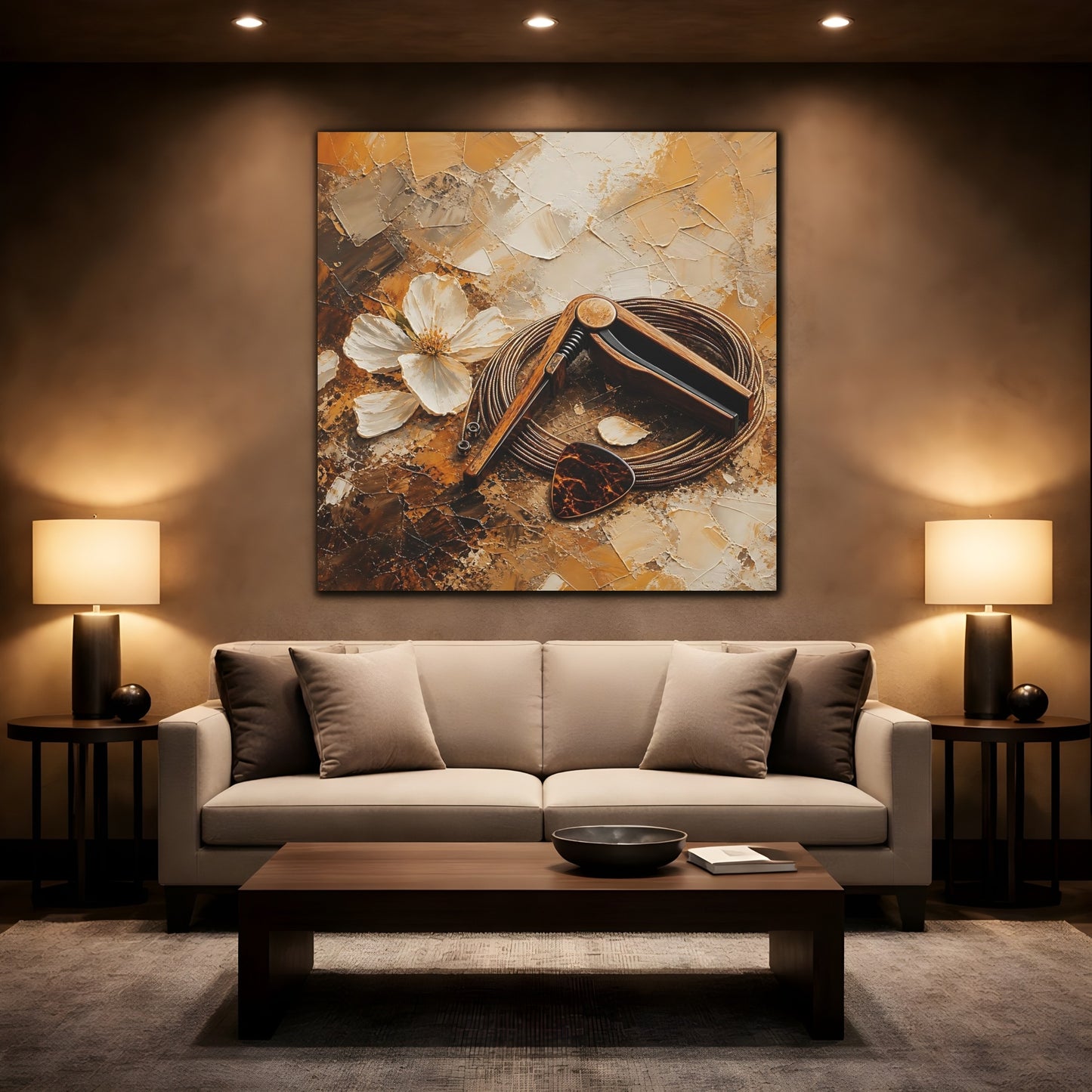Mockup 2. Wooden Capo And Pick shown as canvas print