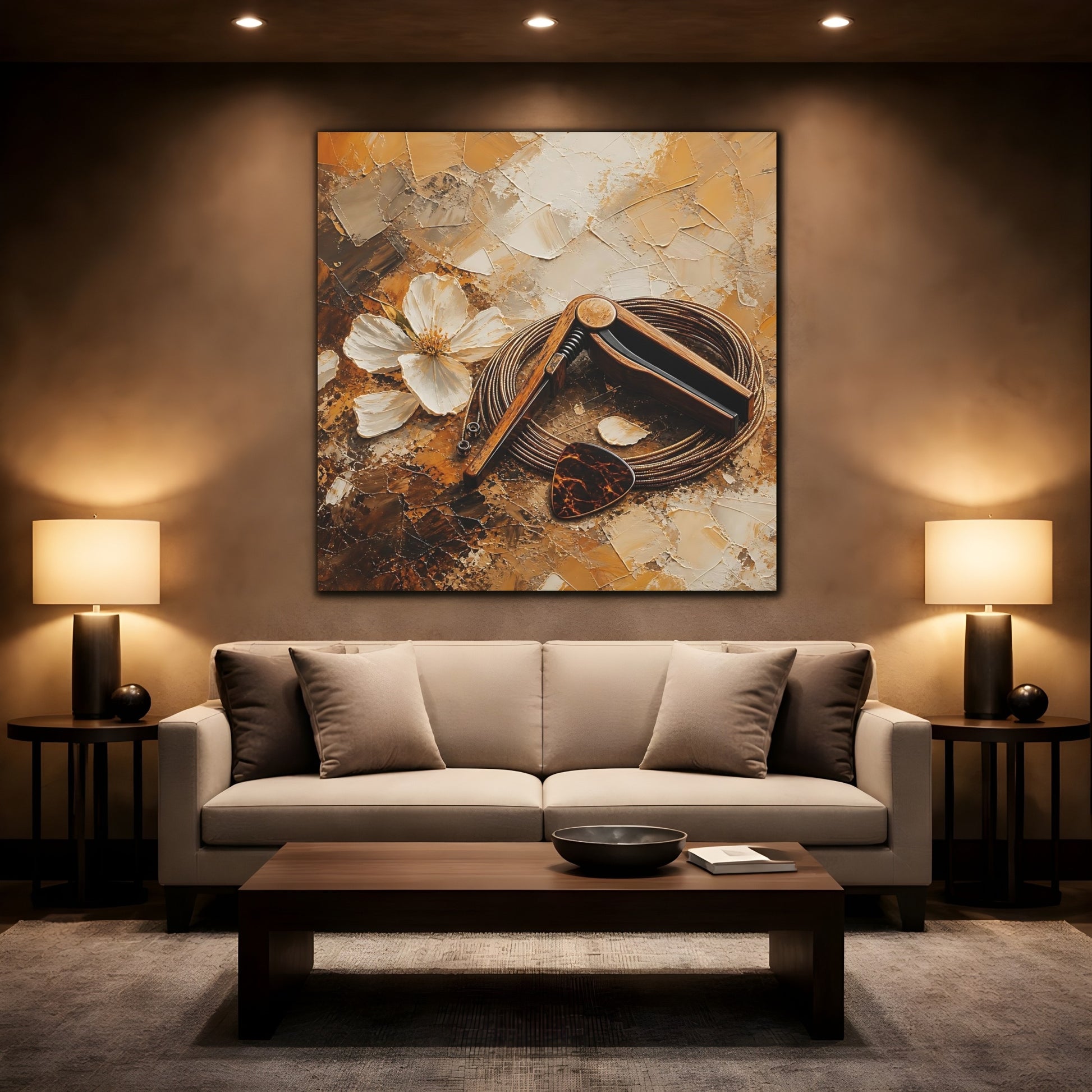 Mockup 2. Wooden Capo And Pick shown as canvas print