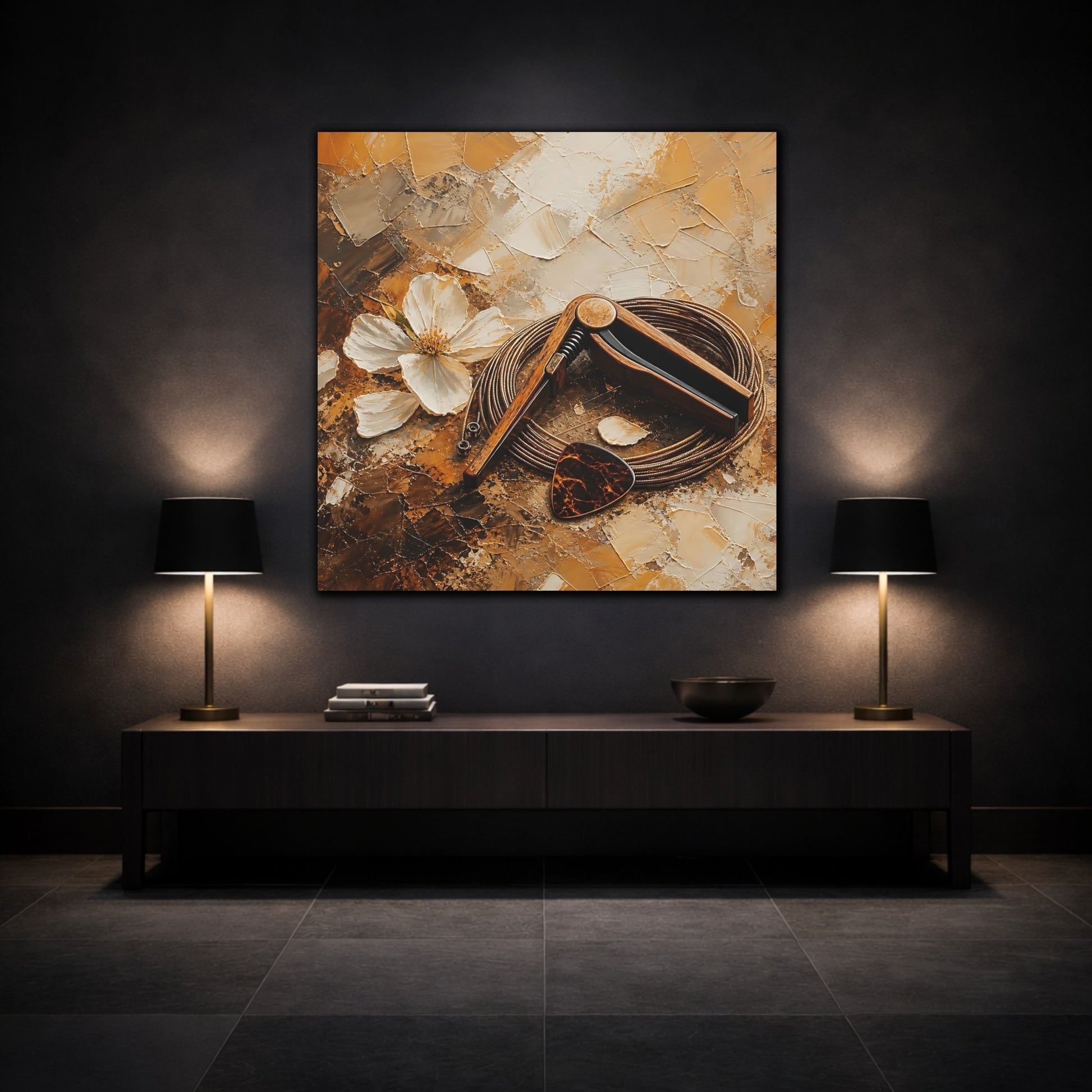 Mockup 3. Wooden Capo And Pick shown as canvas print
