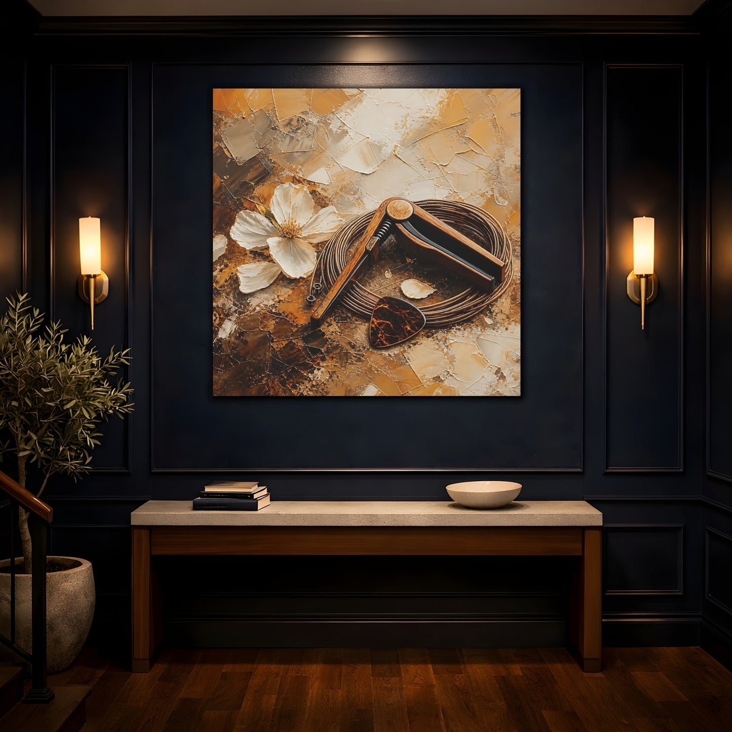 Mockup 4. Wooden Capo And Pick shown as canvas print