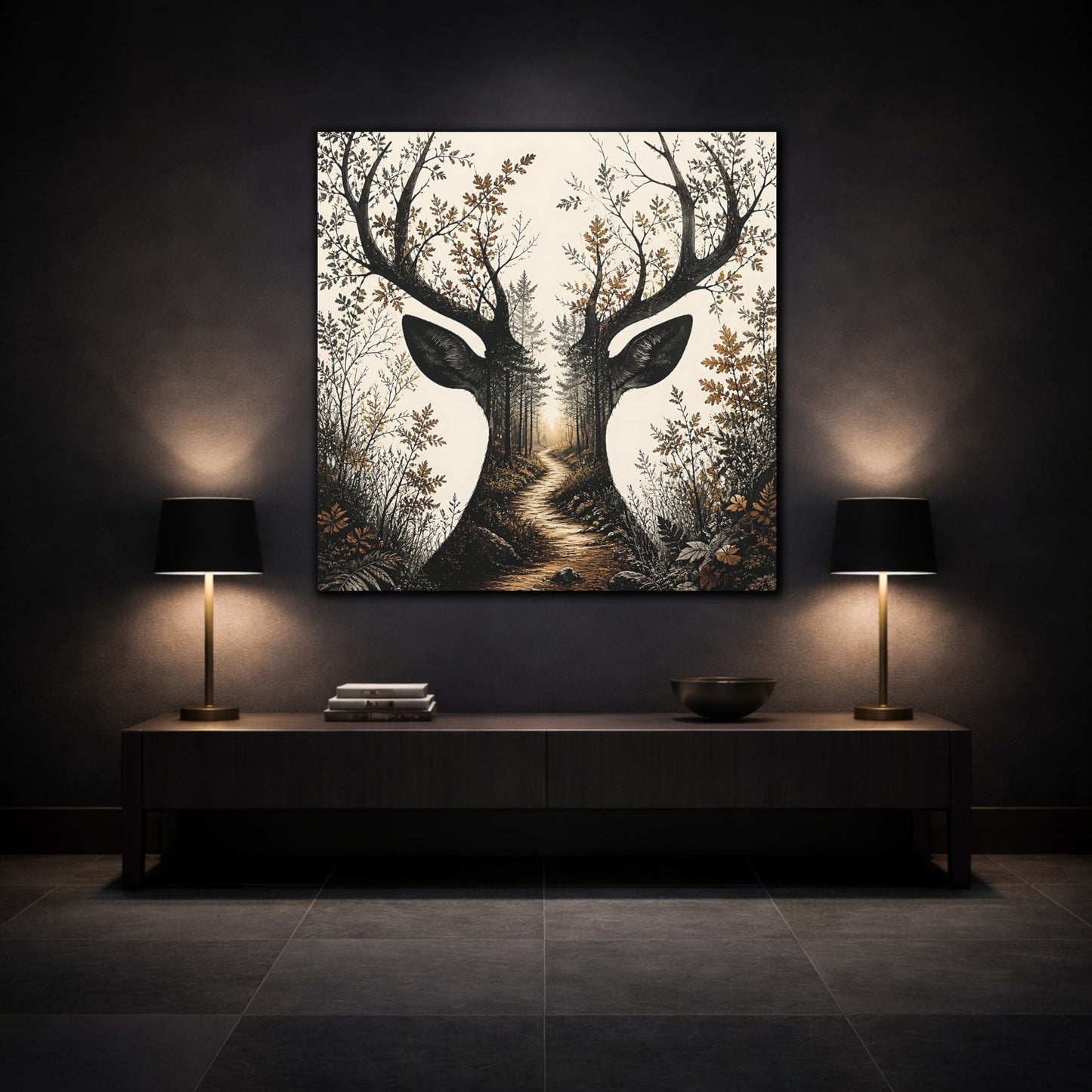 Mockup 3. Woodland Deer Path shown as canvas print