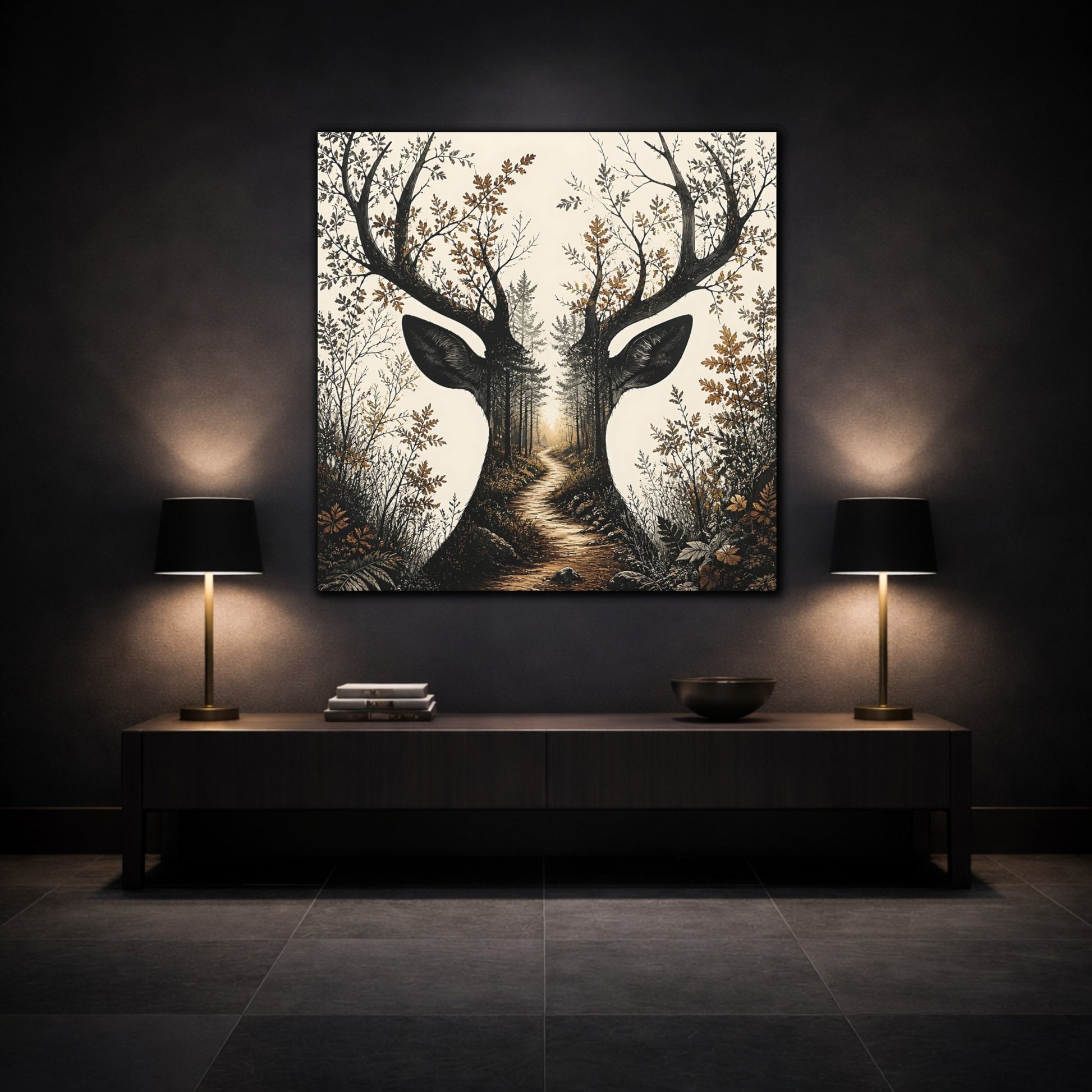 Mockup 3. Woodland Deer Path shown as canvas print