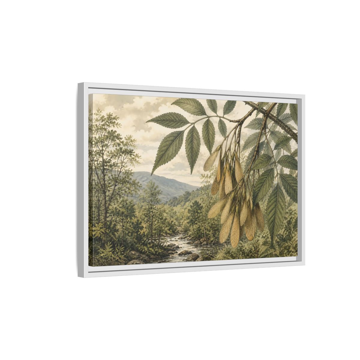 Side Mockup 1. Woodland Samaras Over Stream shown as framed canvas print