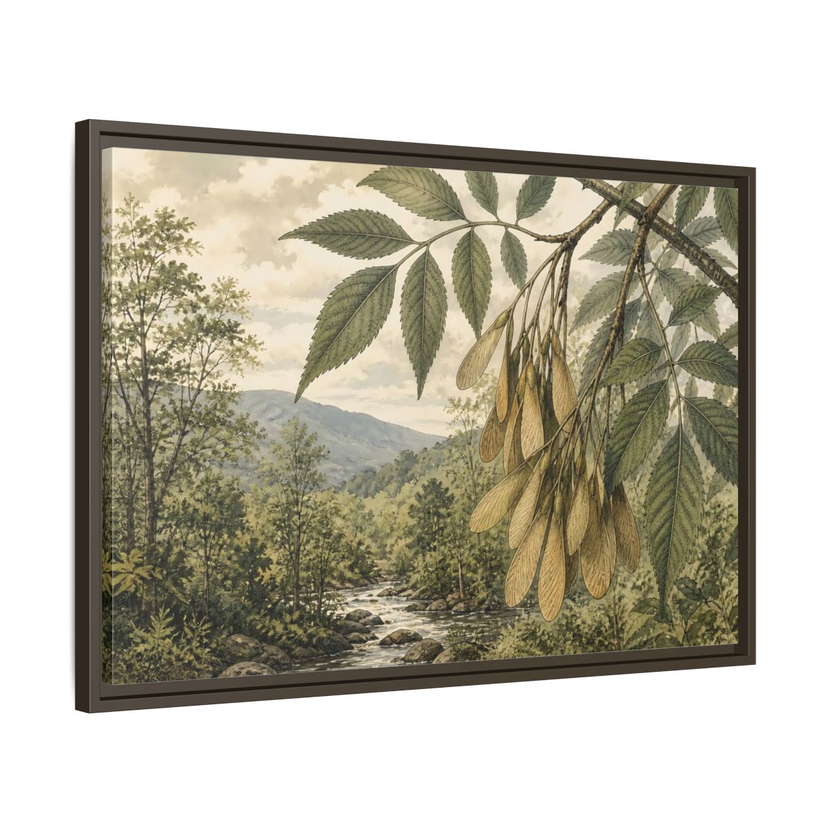 Side Mockup 11. Woodland Samaras Over Stream shown as framed canvas print