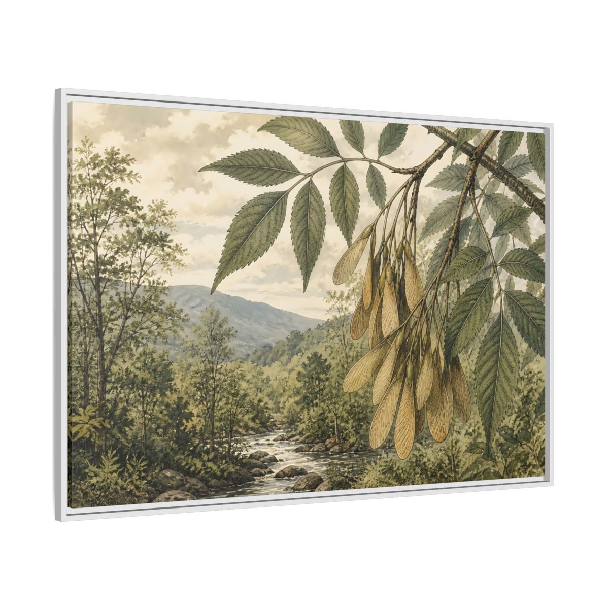 Side Mockup 7. Woodland Samaras Over Stream shown as framed canvas print
