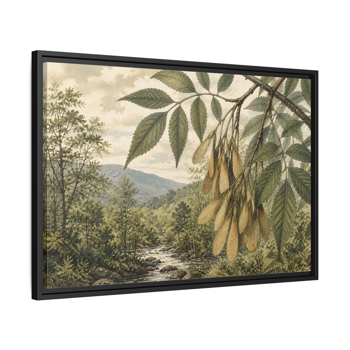 Side Mockup 14. Woodland Samaras Over Stream shown as framed canvas print