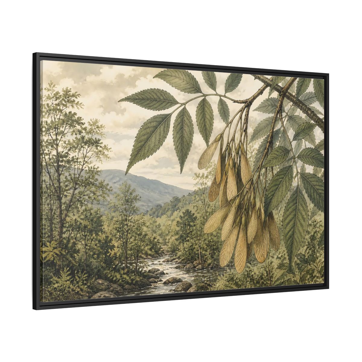 Side Mockup 12. Woodland Samaras Over Stream shown as framed canvas print