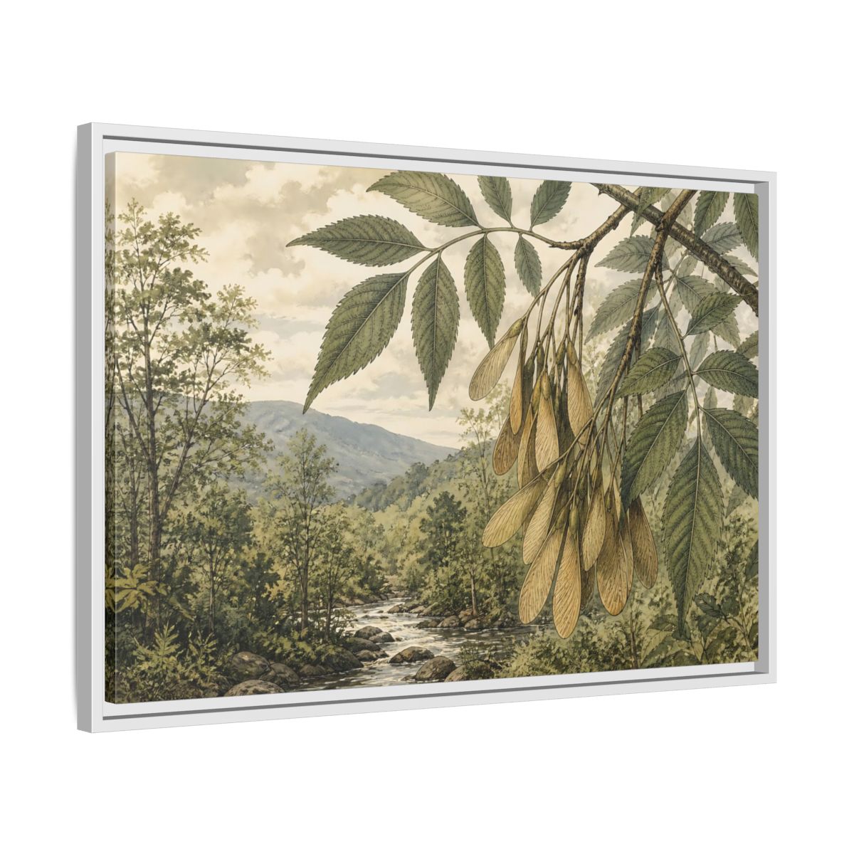 Side Mockup 10. Woodland Samaras Over Stream shown as framed canvas print