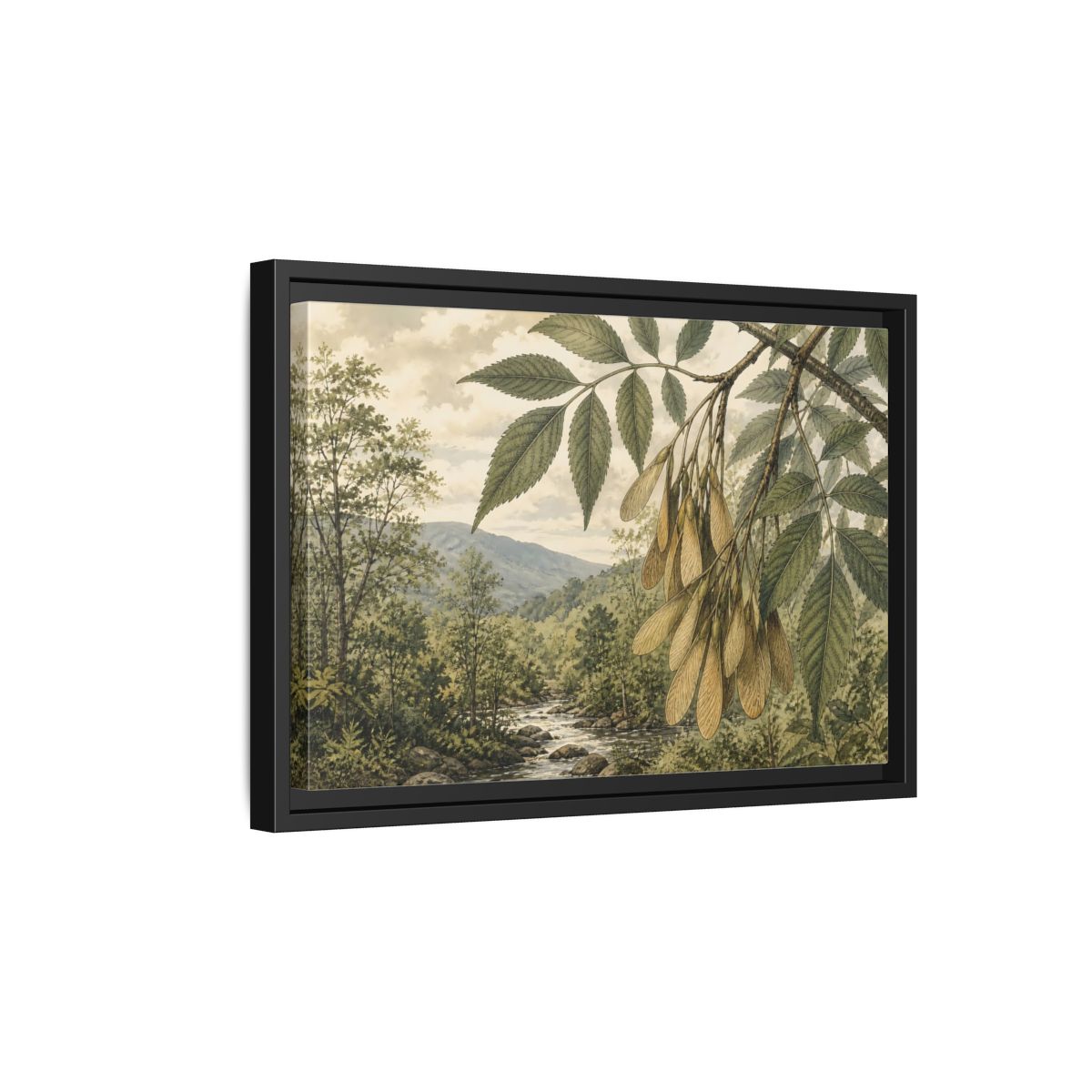 Side Mockup 6. Woodland Samaras Over Stream shown as framed canvas print