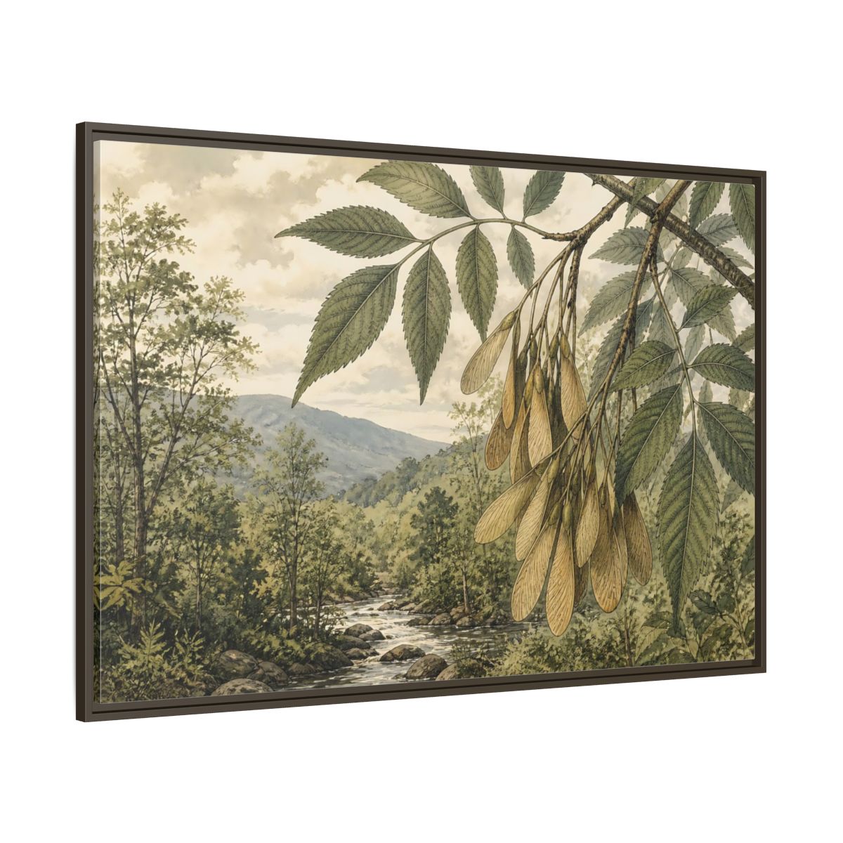Side Mockup 8. Woodland Samaras Over Stream shown as framed canvas print