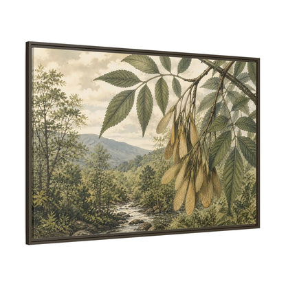 Side Mockup 8. Woodland Samaras Over Stream shown as framed canvas print