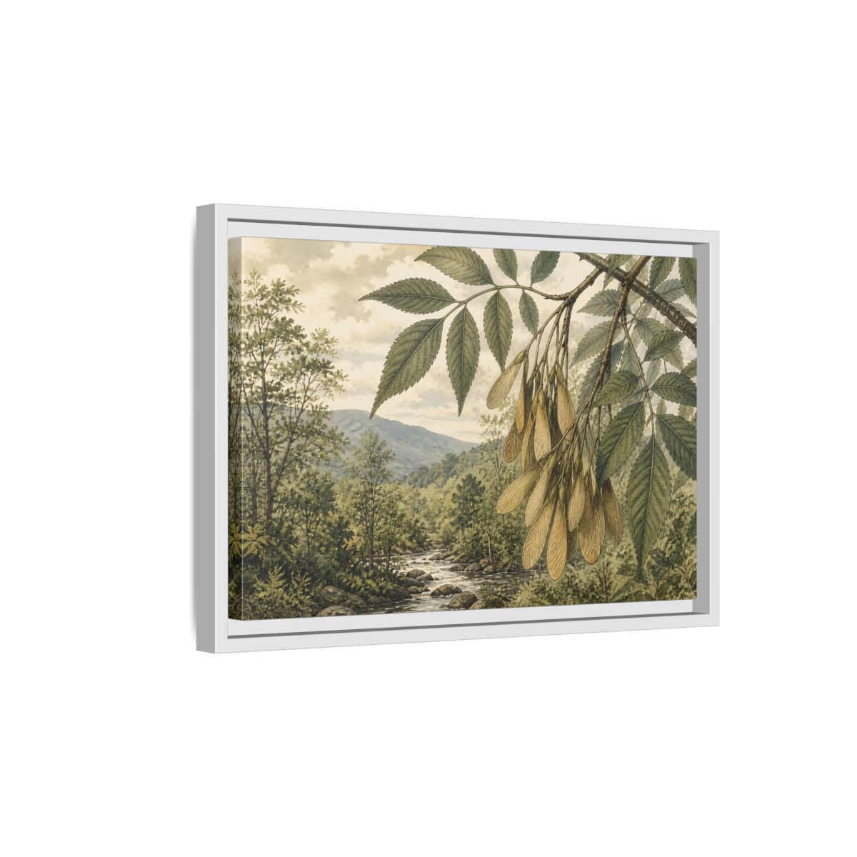 Side Mockup 4. Woodland Samaras Over Stream shown as framed canvas print