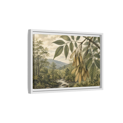 Side Mockup 4. Woodland Samaras Over Stream shown as framed canvas print