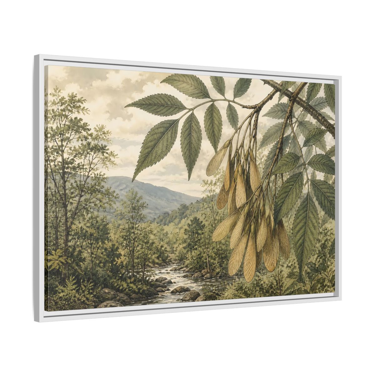Side Mockup 9. Woodland Samaras Over Stream shown as framed canvas print