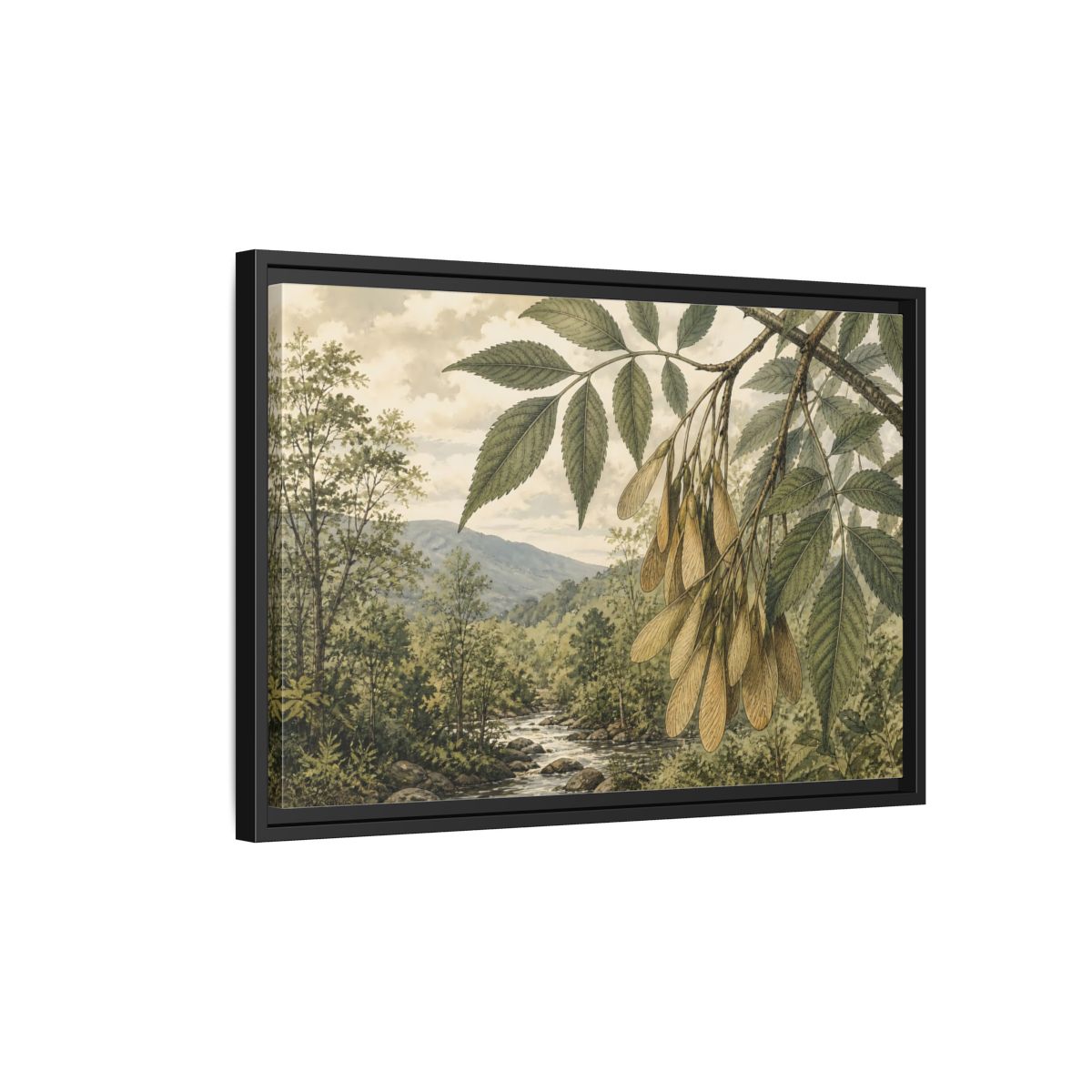 Side Mockup 3. Woodland Samaras Over Stream shown as framed canvas print