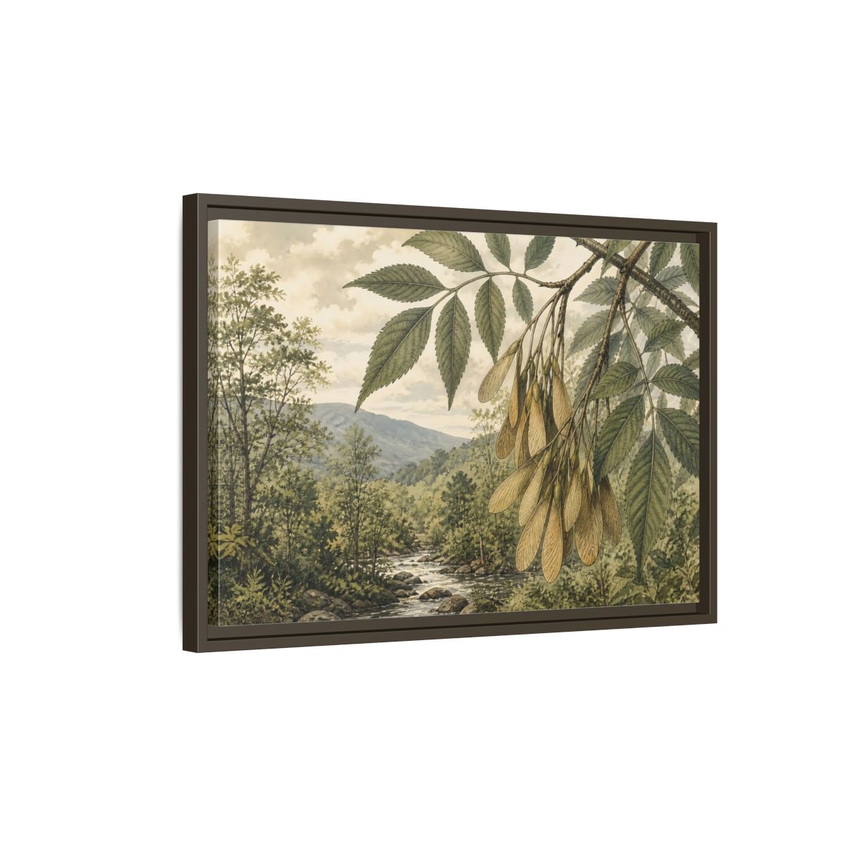 Side Mockup 2. Woodland Samaras Over Stream shown as framed canvas print