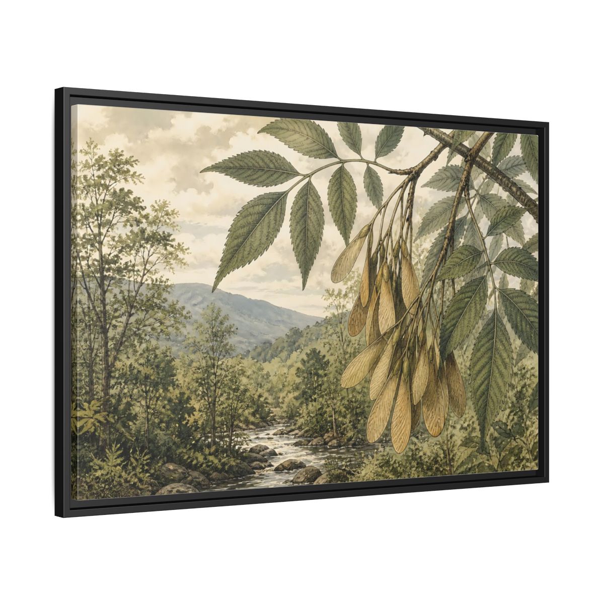 Side Mockup 13. Woodland Samaras Over Stream shown as framed canvas print