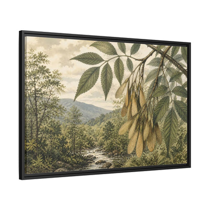 Side Mockup 13. Woodland Samaras Over Stream shown as framed canvas print