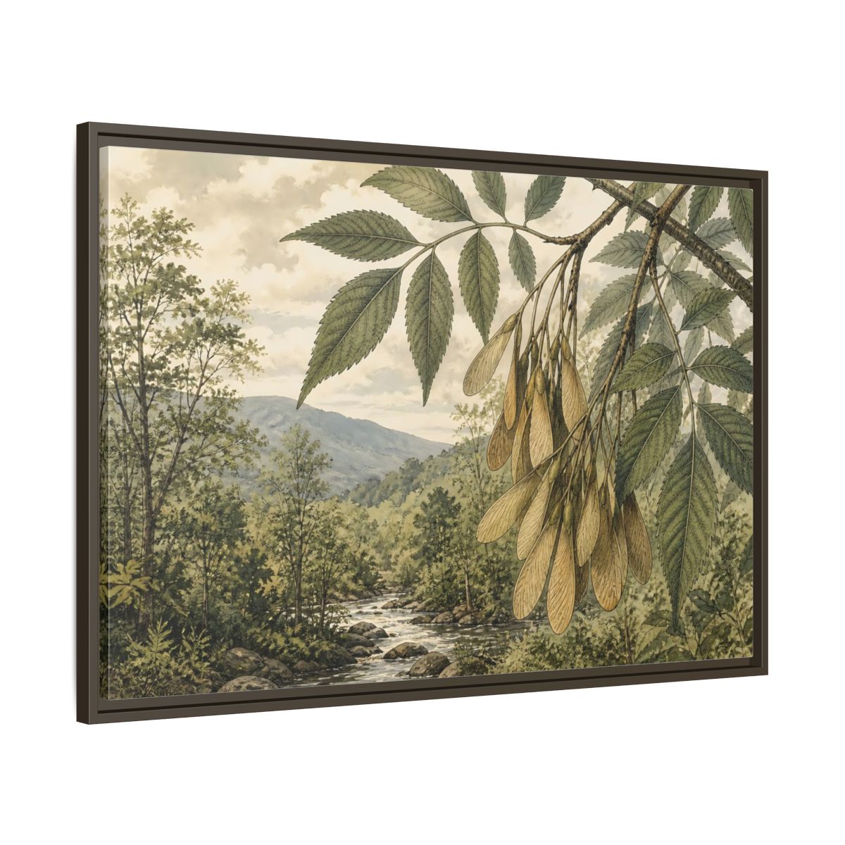 Main Mockup. Woodland Samaras Over Stream shown as framed canvas print