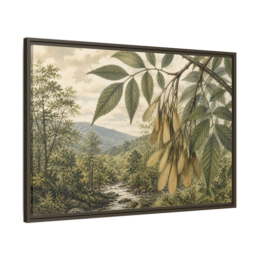 Main Mockup. Woodland Samaras Over Stream shown as framed canvas print
