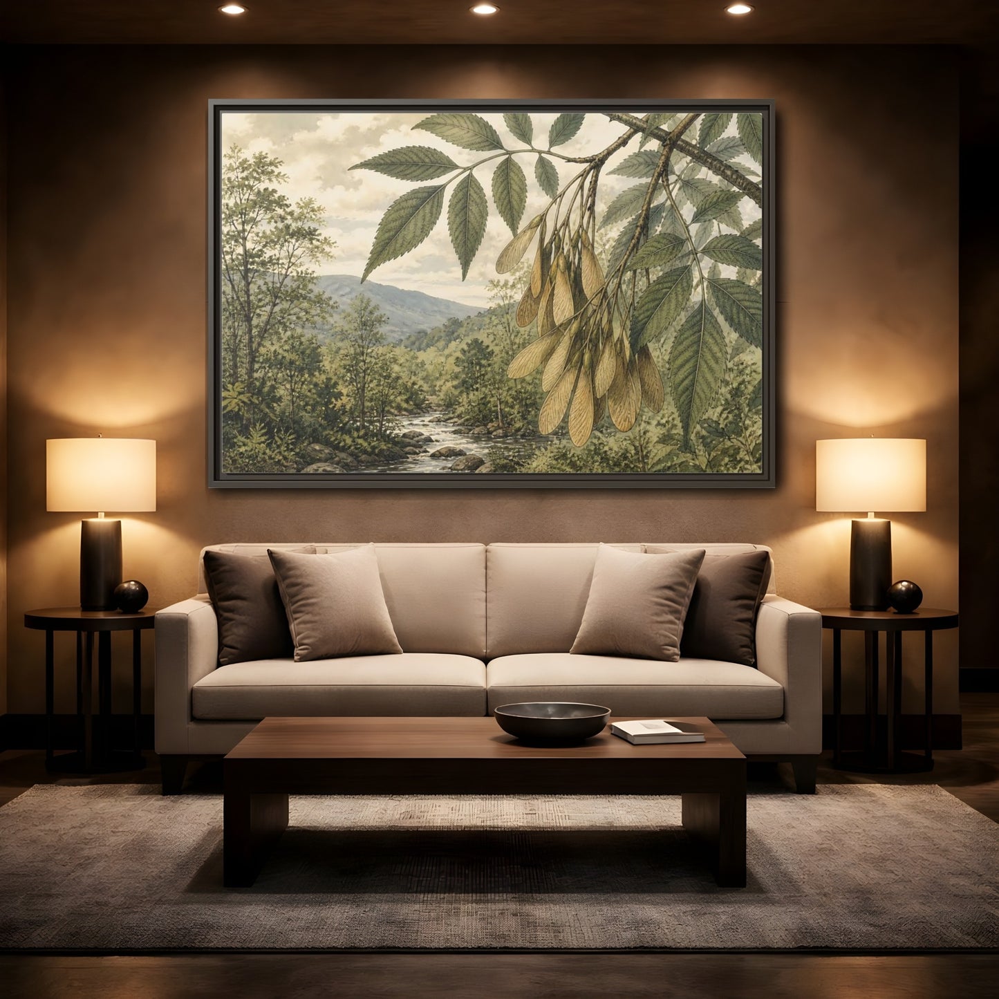Mockup 2. Woodland Samaras Over Stream shown as framed canvas print