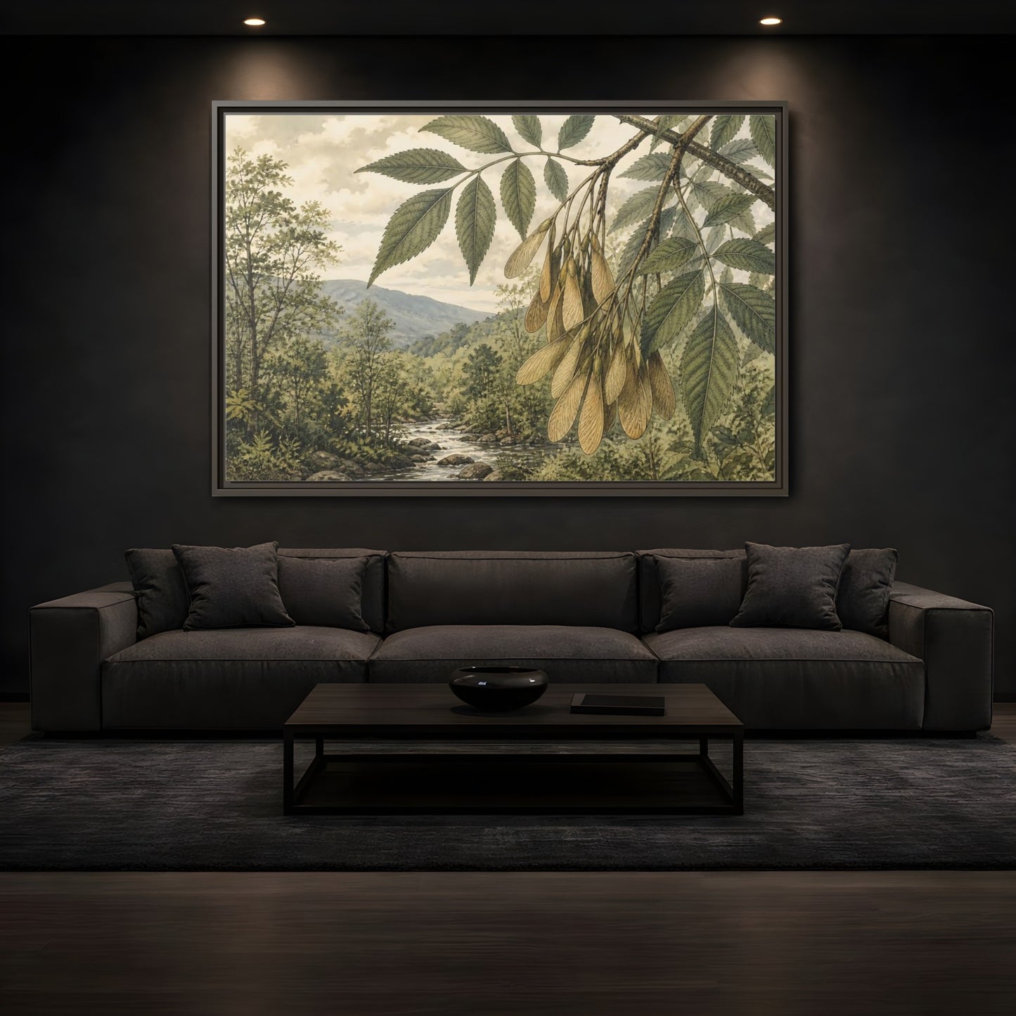 Mockup 3. Woodland Samaras Over Stream shown as framed canvas print