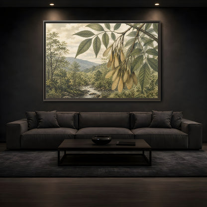 Mockup 3. Woodland Samaras Over Stream shown as framed canvas print
