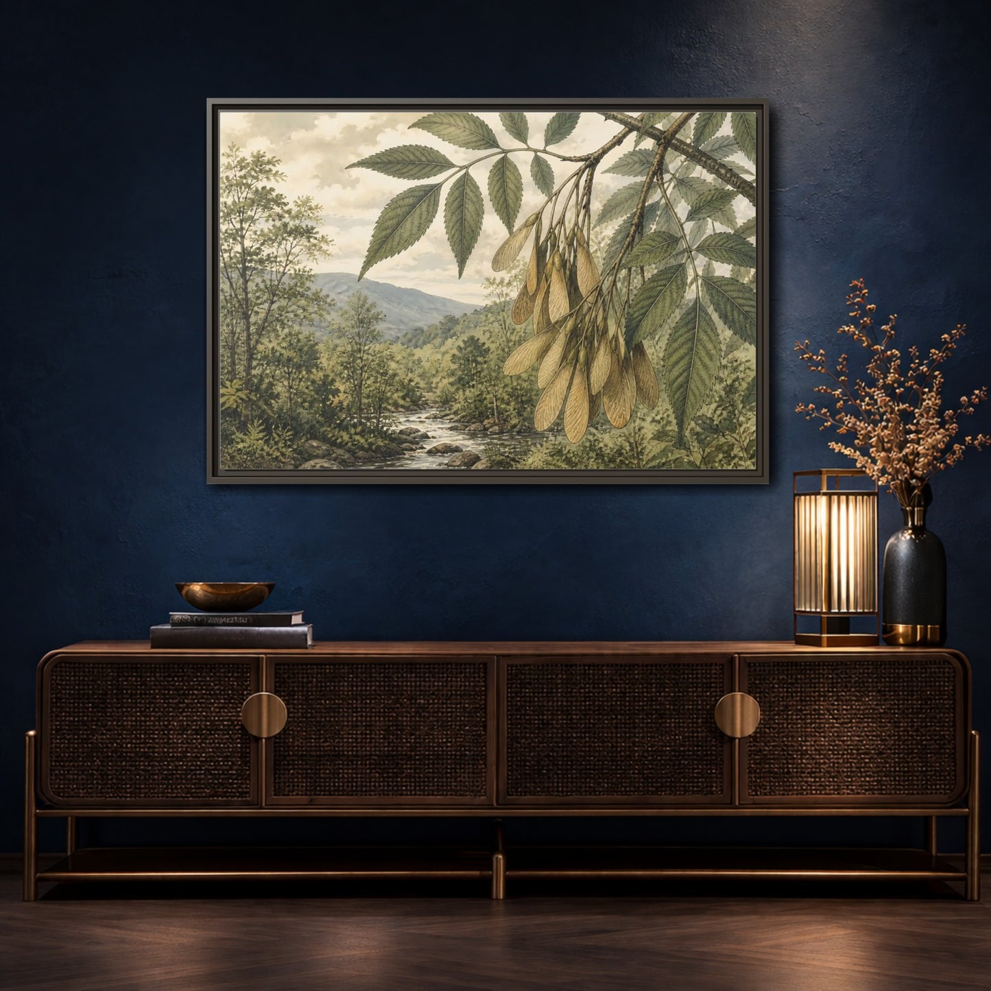 Mockup 4. Woodland Samaras Over Stream shown as framed canvas print