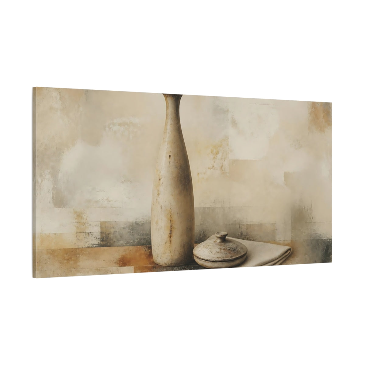 Side Mockup 2. Worn Ceramic Vase And Lid shown as canvas print