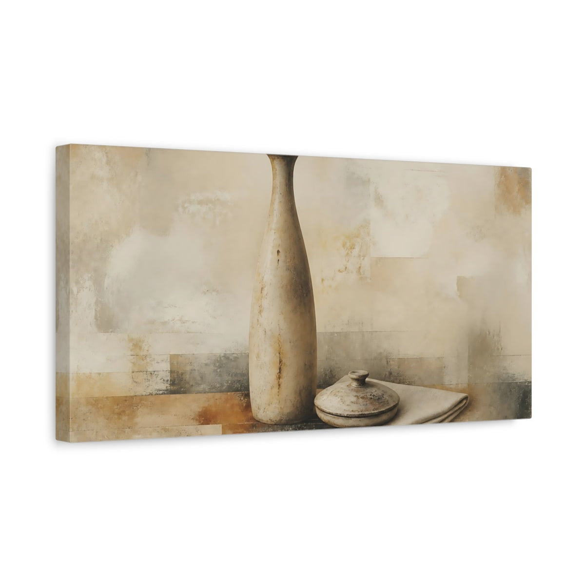 Side Mockup 3. Worn Ceramic Vase And Lid shown as canvas print