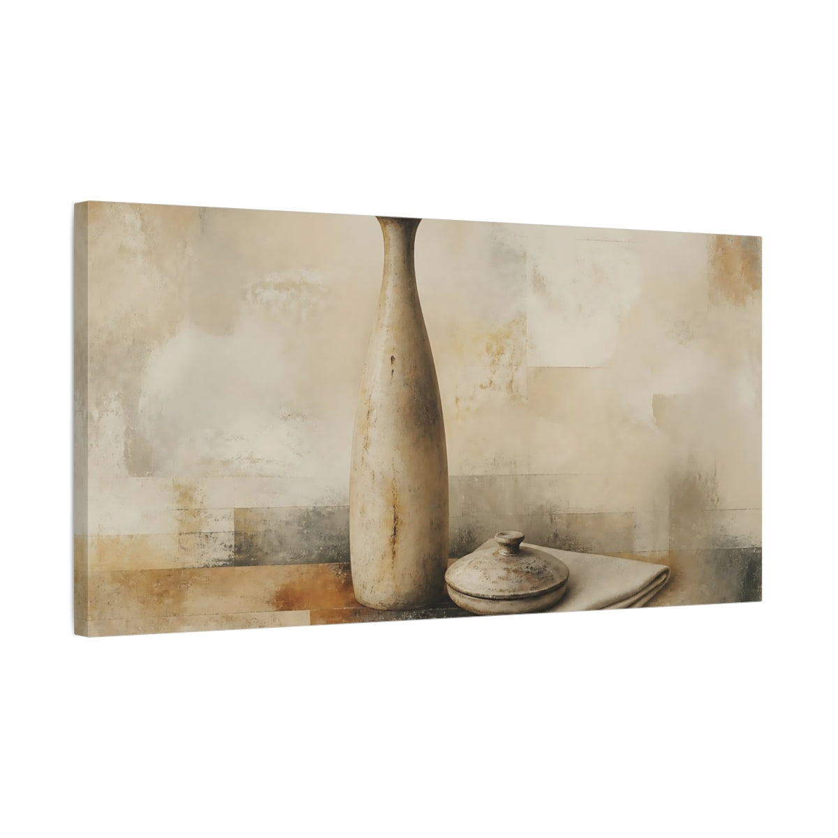 Side Mockup 1. Worn Ceramic Vase And Lid shown as canvas print