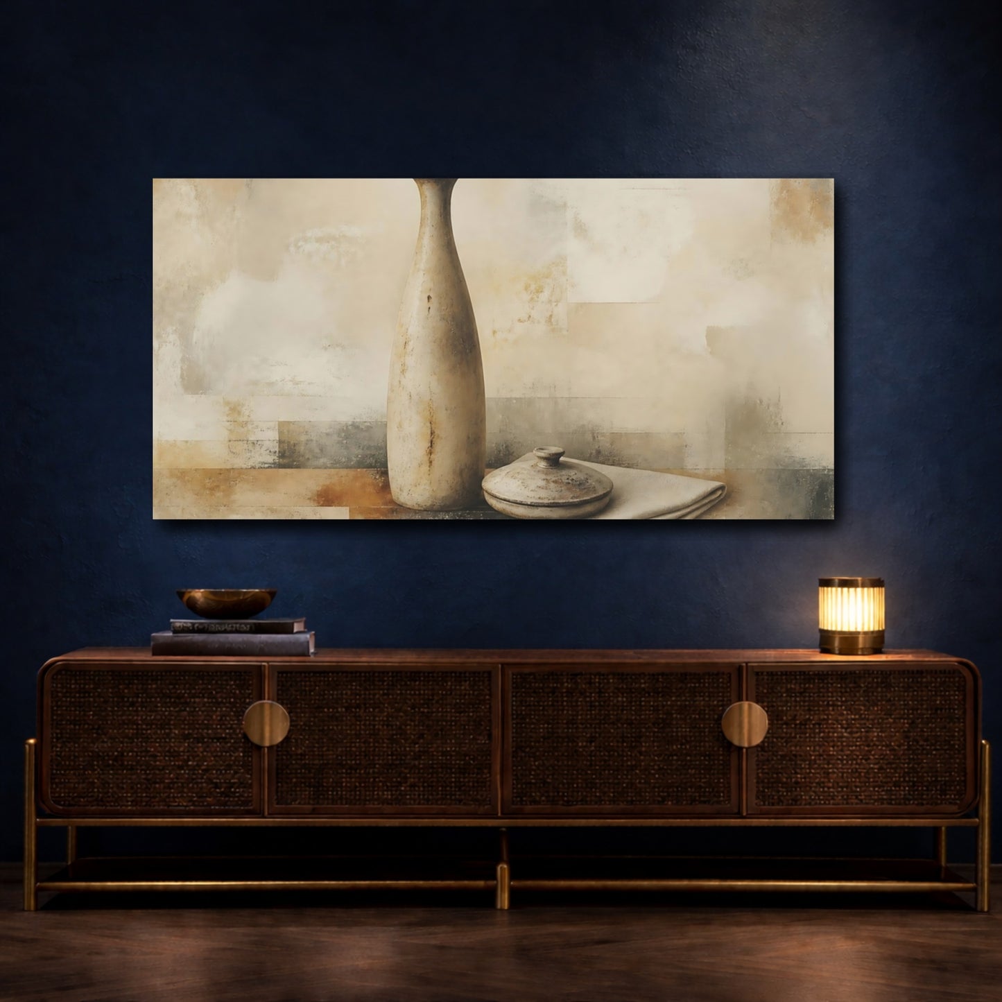 Mockup 4. Worn Ceramic Vase And Lid shown as canvas print