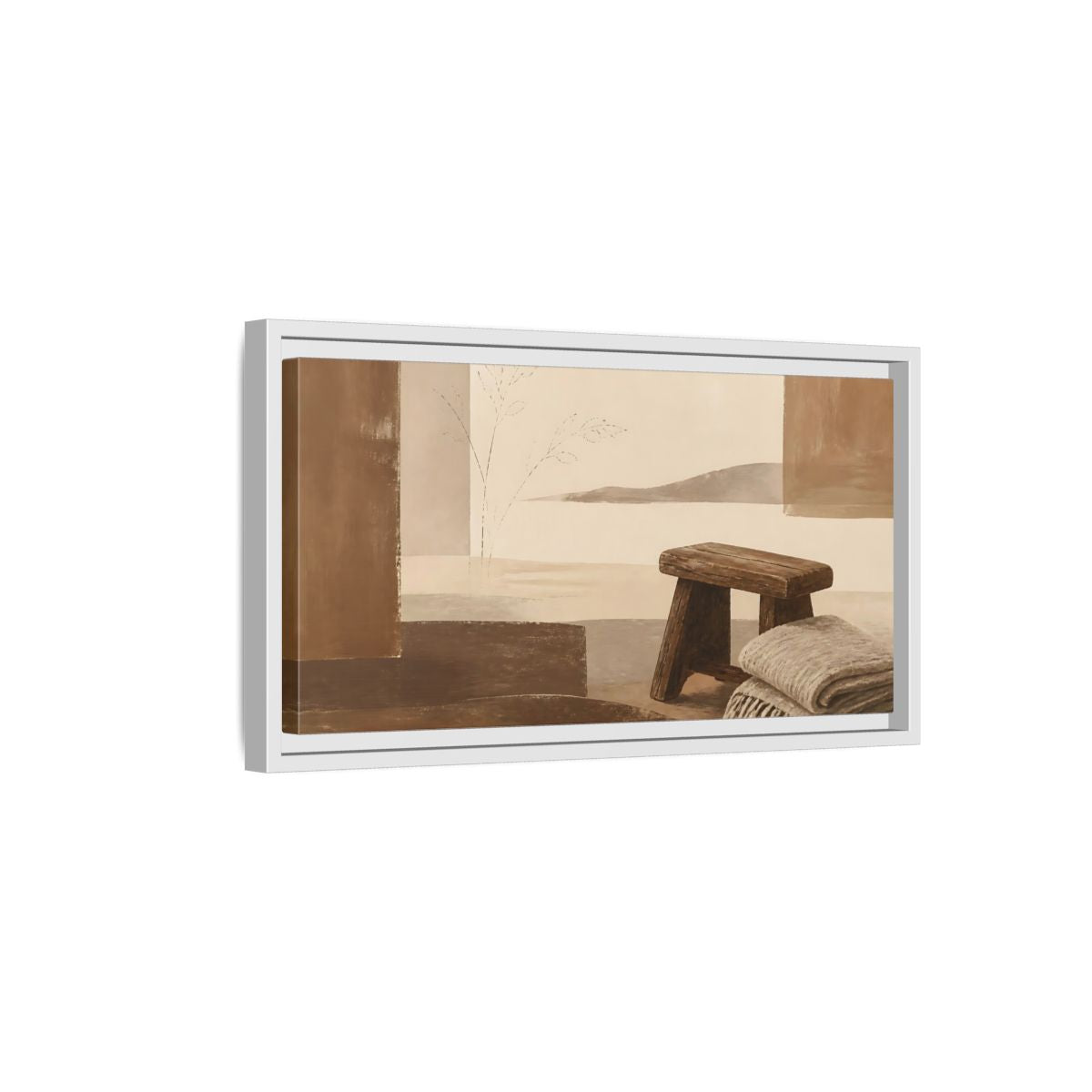 Side Mockup 6. Worn Wooden Stool And Blanket shown as framed canvas print