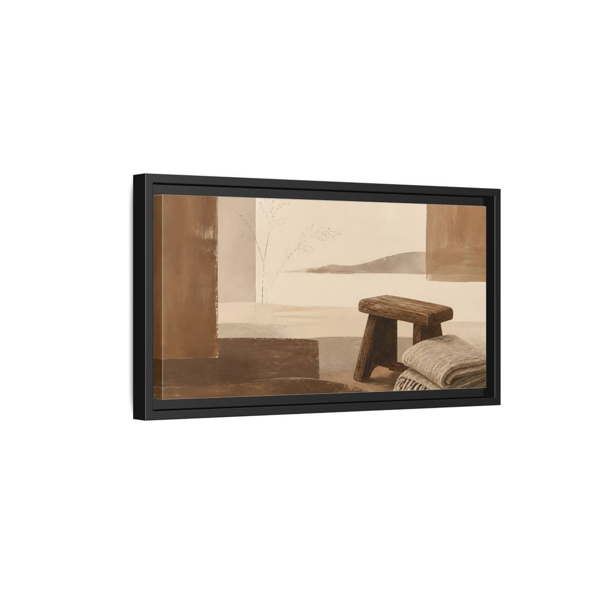 Side Mockup 8. Worn Wooden Stool And Blanket shown as framed canvas print
