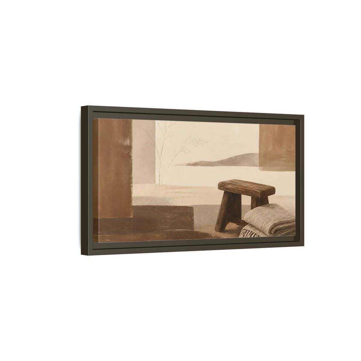 Side Mockup 7. Worn Wooden Stool And Blanket shown as framed canvas print