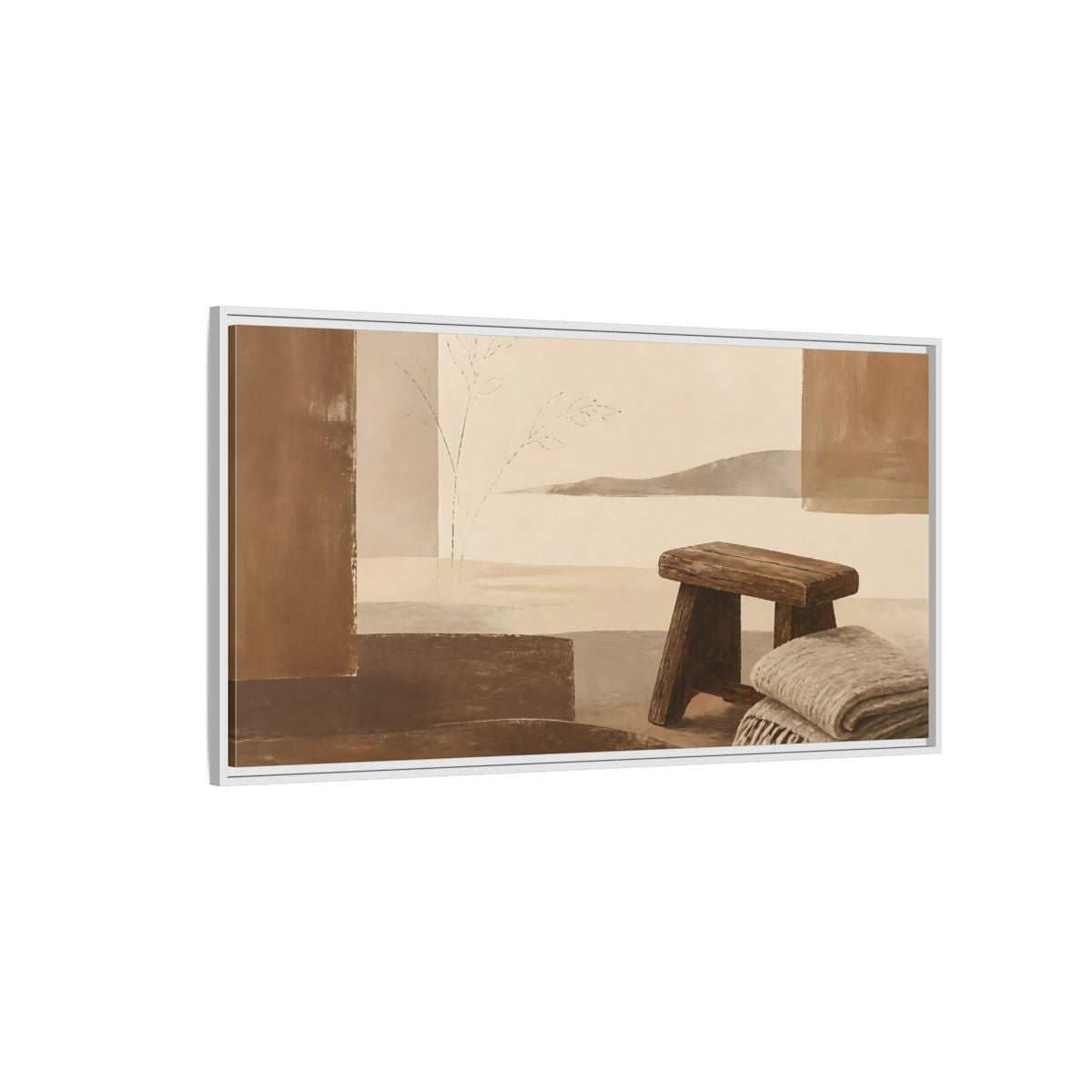 Side Mockup 3. Worn Wooden Stool And Blanket shown as framed canvas print