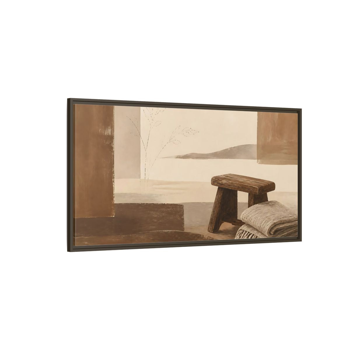 Side Mockup 4. Worn Wooden Stool And Blanket shown as framed canvas print