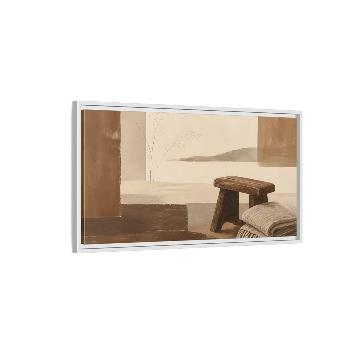 Side Mockup 1. Worn Wooden Stool And Blanket shown as framed canvas print