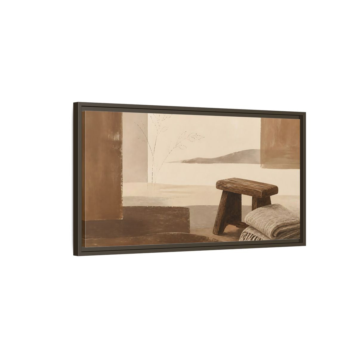 Main Mockup. Worn Wooden Stool And Blanket shown as framed canvas print