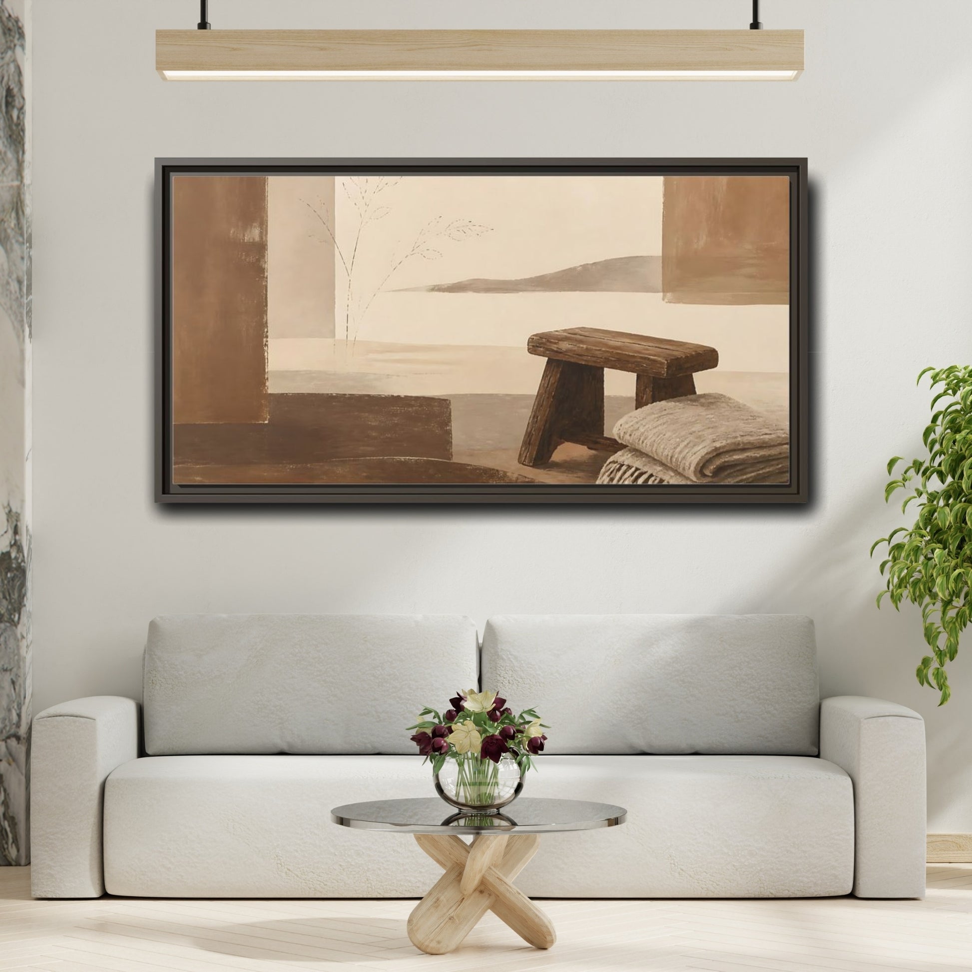 Mockup 2. Worn Wooden Stool And Blanket shown as framed canvas print