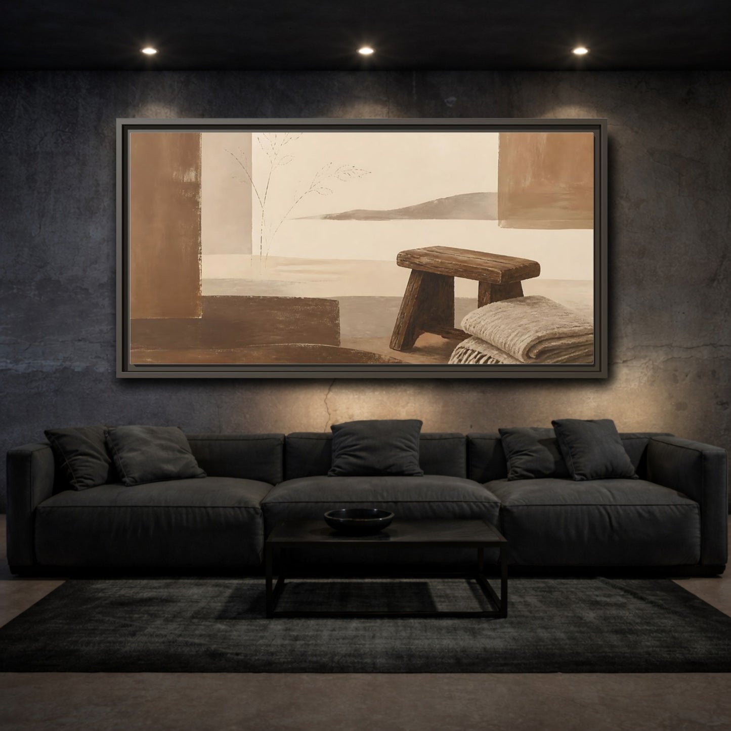 Mockup 3. Worn Wooden Stool And Blanket shown as framed canvas print