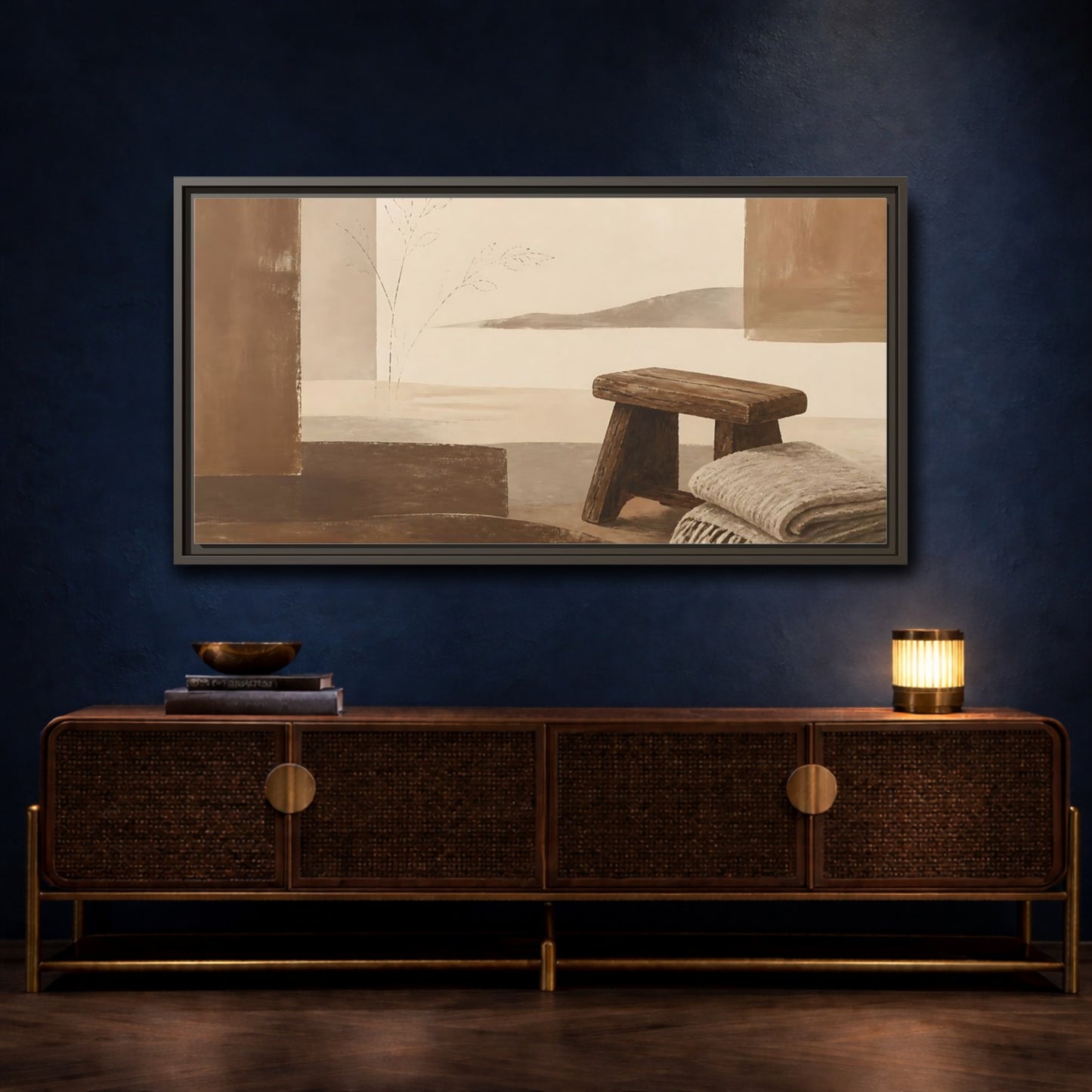 Mockup 4. Worn Wooden Stool And Blanket shown as framed canvas print