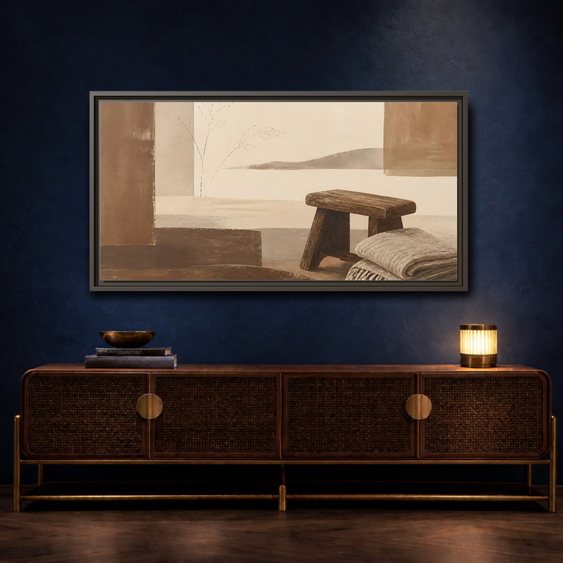 Mockup 4. Worn Wooden Stool And Blanket shown as framed canvas print