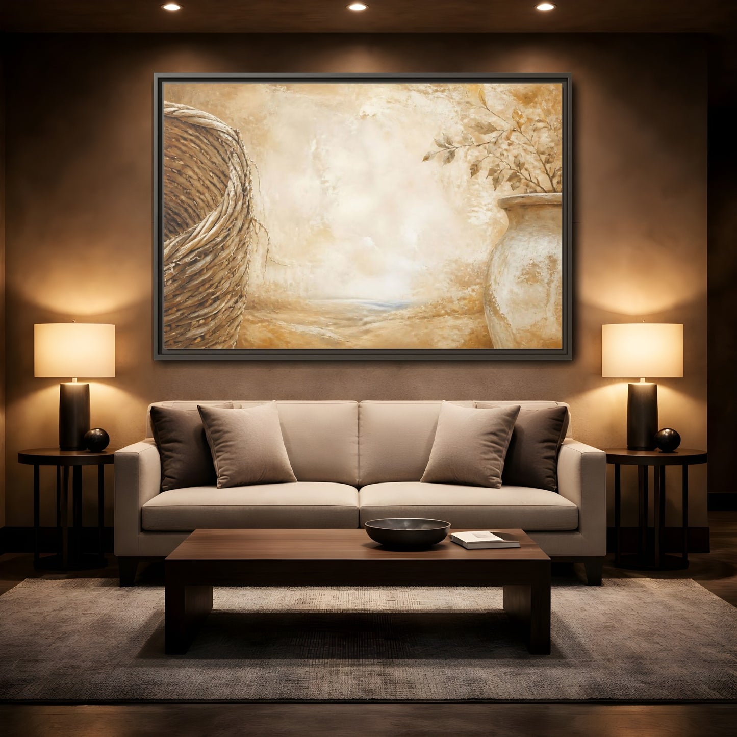 Mockup 2. Woven Basket & Clay Urn shown as framed canvas print