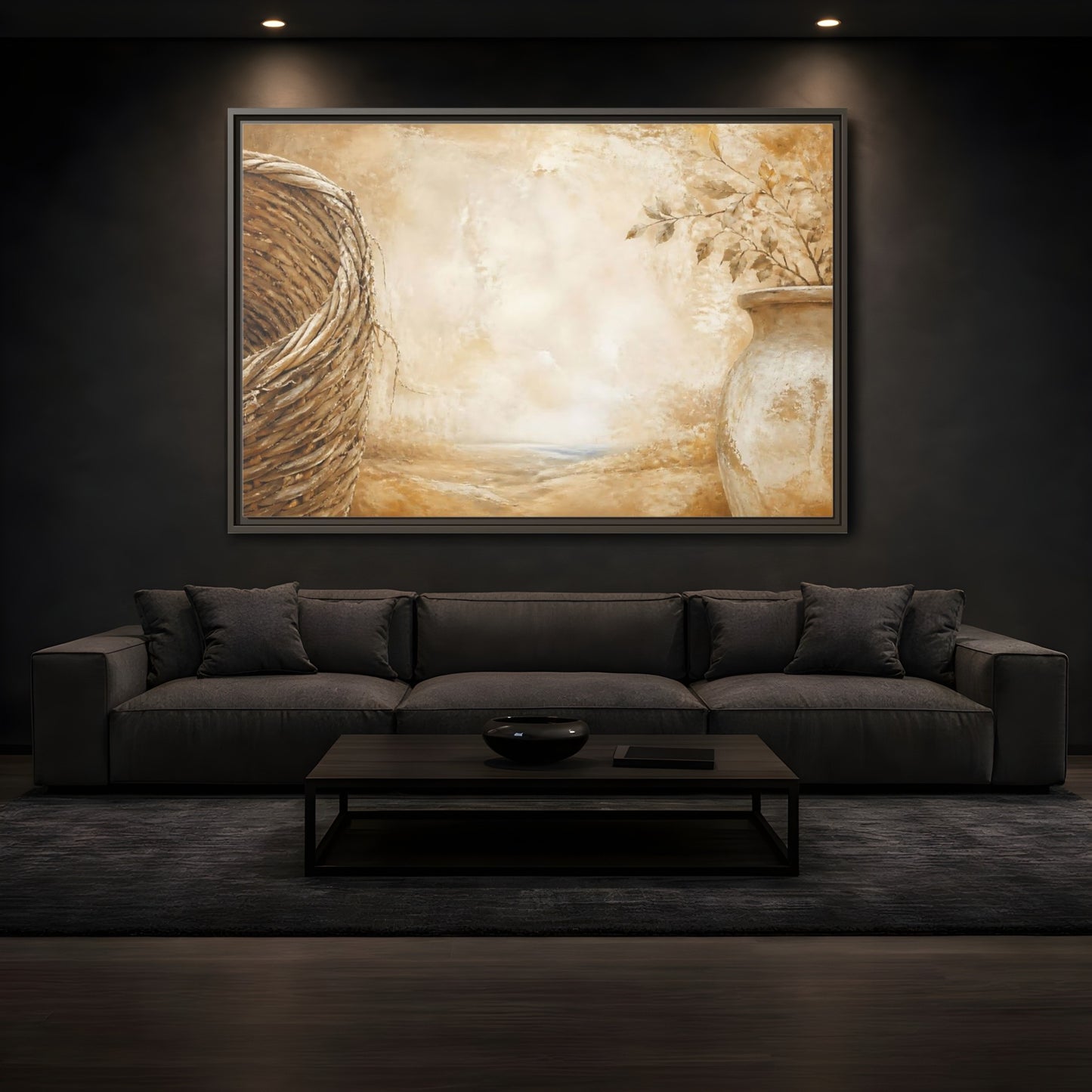 Mockup 3. Woven Basket & Clay Urn shown as framed canvas print