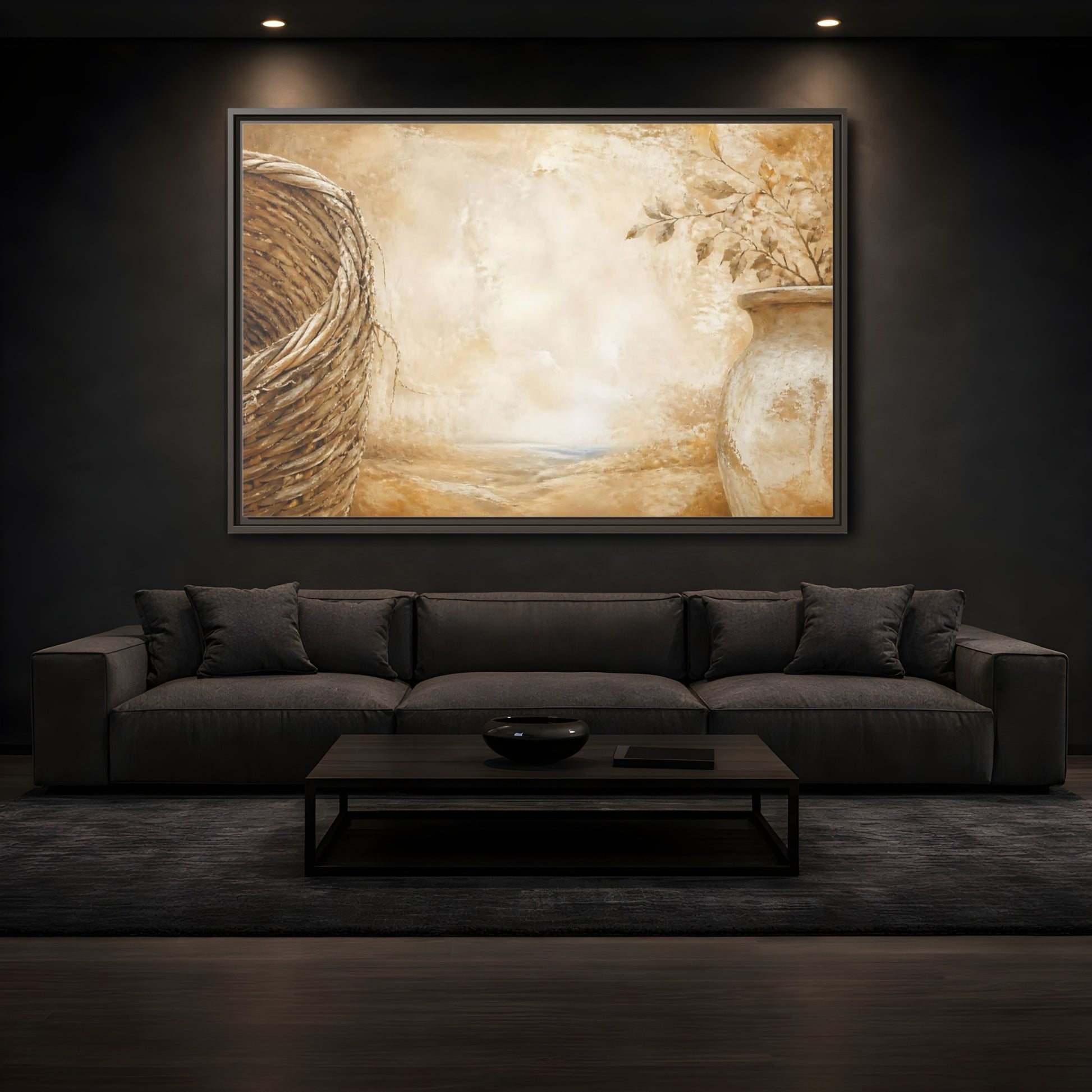 Mockup 3. Woven Basket & Clay Urn shown as framed canvas print