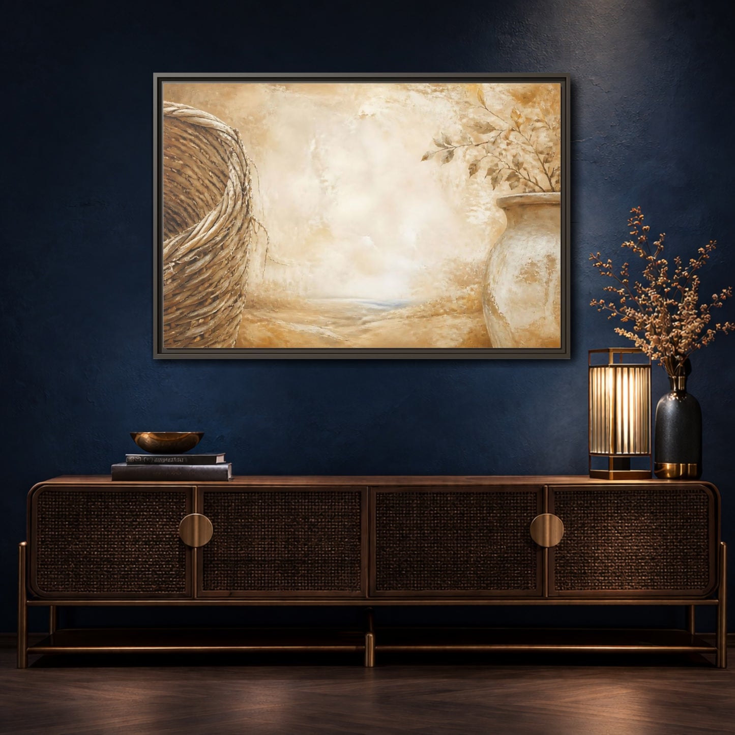 Mockup 4. Woven Basket & Clay Urn shown as framed canvas print
