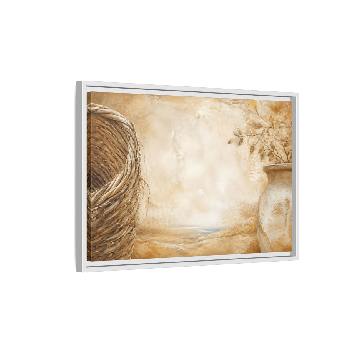 Side Mockup 1. Woven Basket & Clay Urn shown as framed canvas print